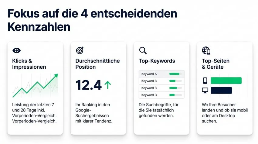 Vorschau des wöchentlichen SEO-Berichts mit Klicks, Impressionen, Position und Top-Keywords