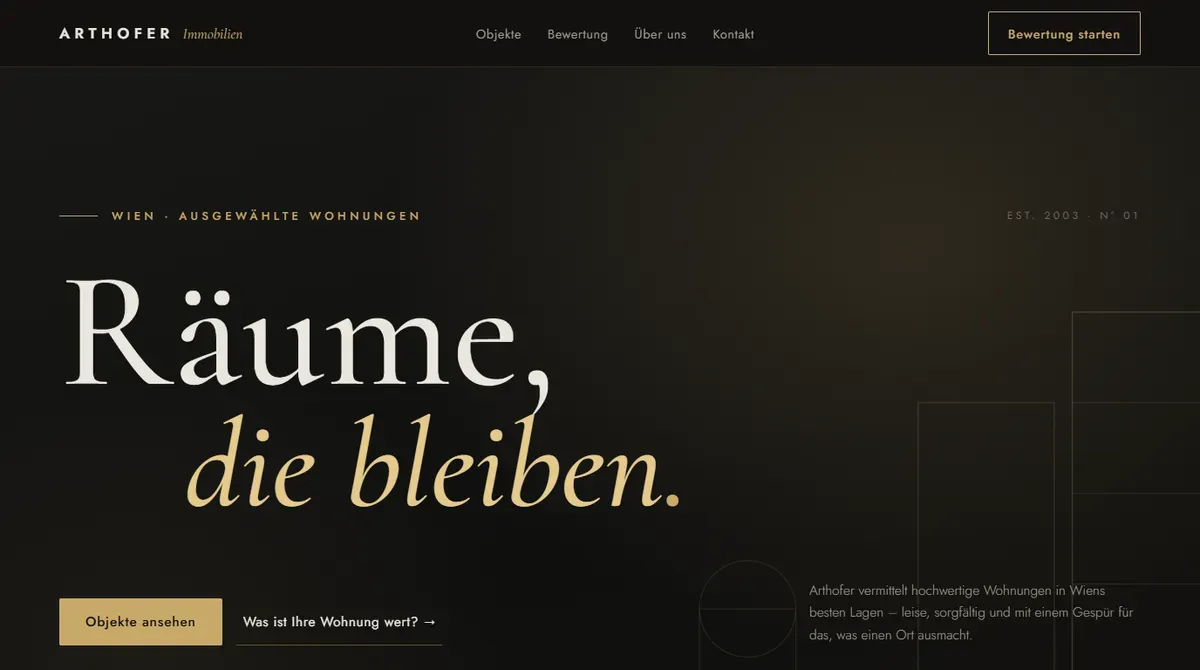 Design-Konzept Arthofer Immobilien, Immobilien, als Website-Vorschau in Desktop-Ansicht