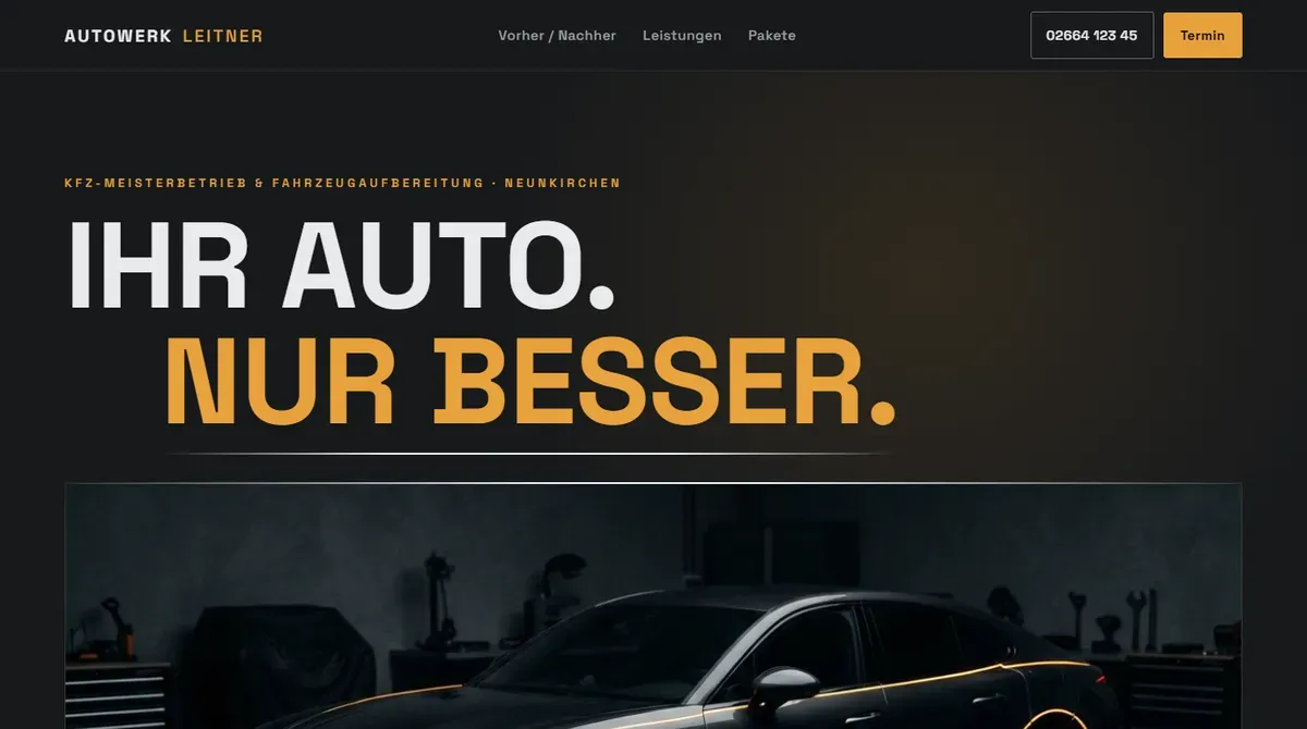 Design-Konzept Autowerk Leitner, KFZ-Werkstatt und Aufbereitung, als Website-Vorschau in Desktop-Ansicht