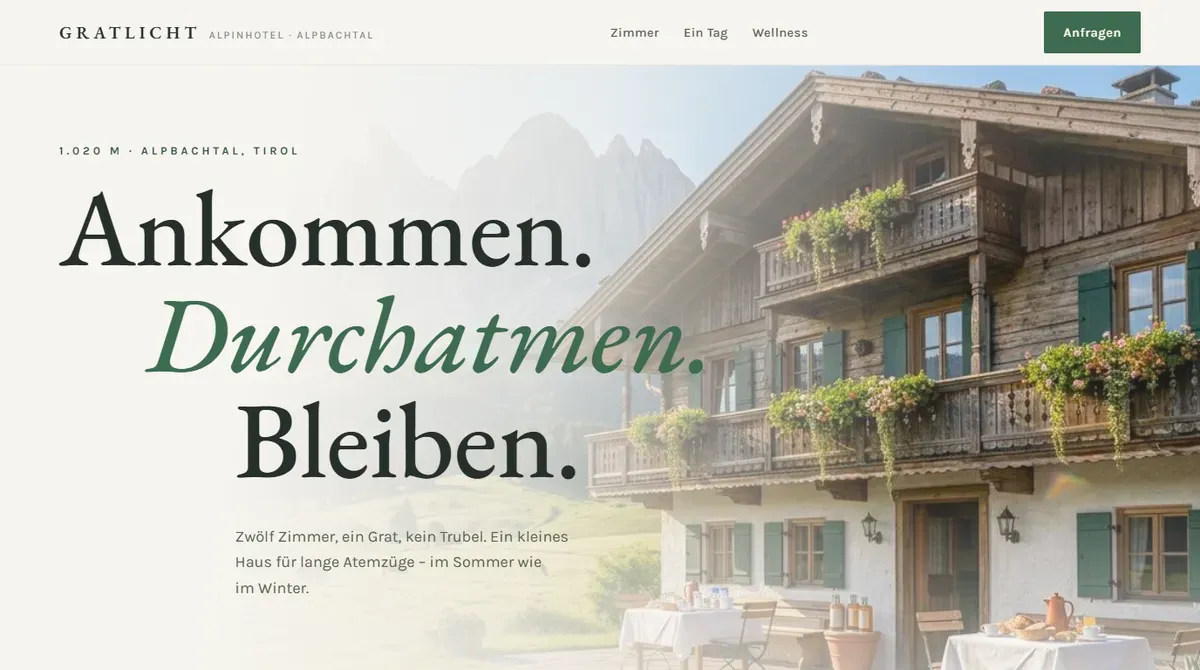 Design-Konzept Gratlicht Alpinhotel, Hotel & Tourismus, als Website-Vorschau in Desktop-Ansicht