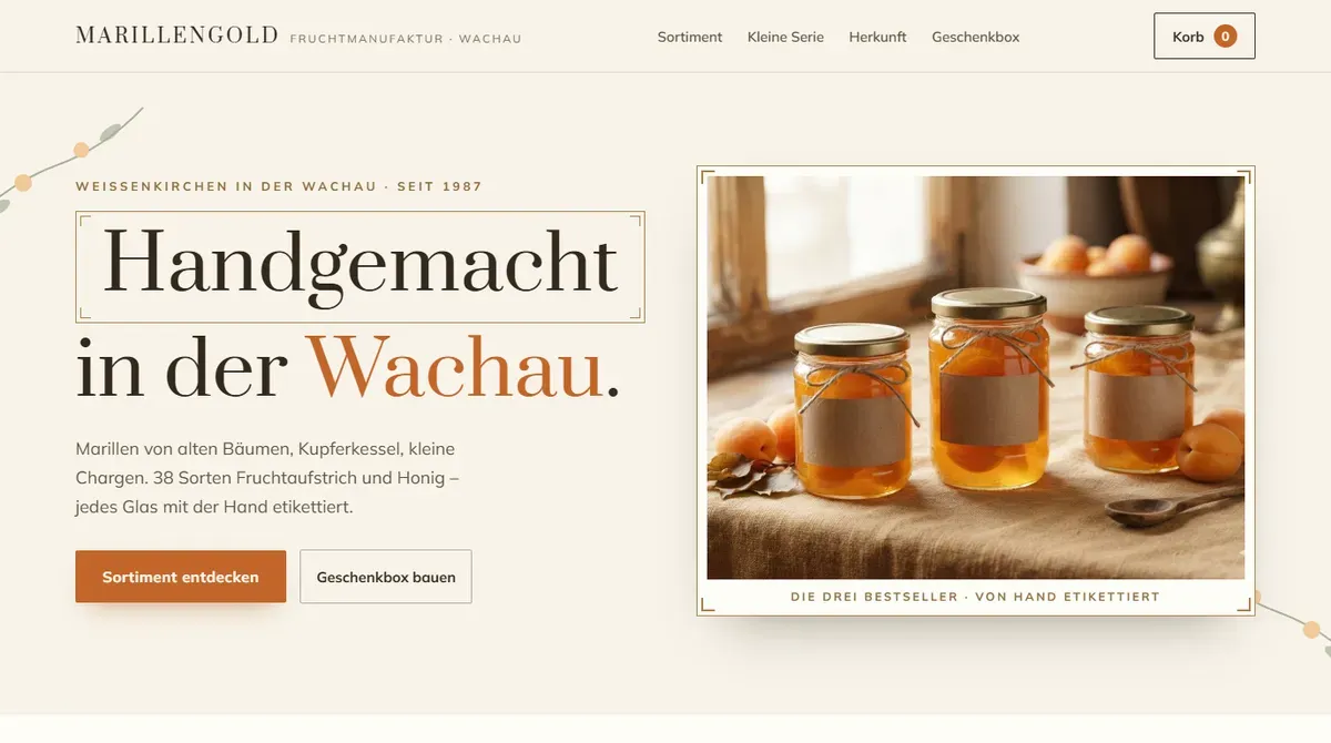 Design-Konzept Marillengold Fruchtmanufaktur, Feinkost-Manufaktur, als Website-Vorschau in Desktop-Ansicht