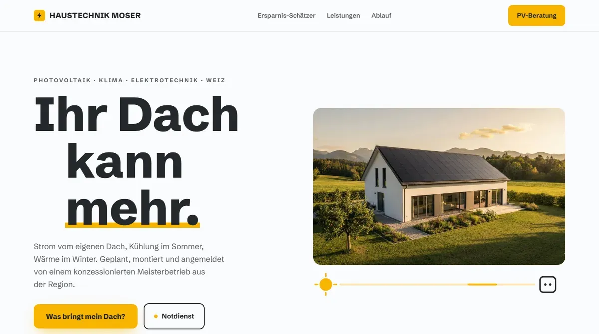 Design-Konzept Haustechnik Moser, Elektro, Photovoltaik und Klima, als Website-Vorschau in Desktop-Ansicht