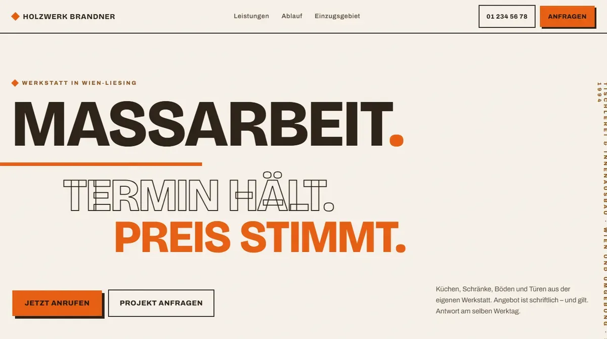 Design-Konzept Holzwerk Brandner, Tischlerei & Innenausbau, als Website-Vorschau in Desktop-Ansicht