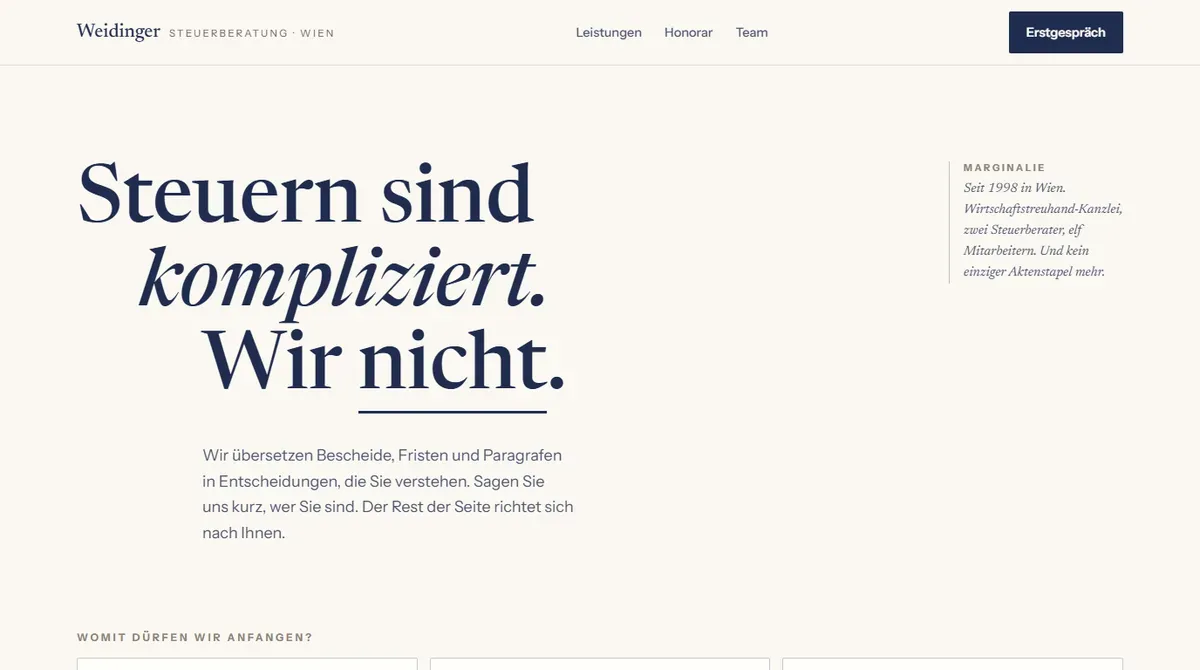 Design-Konzept Kanzlei Weidinger, Steuerberatung, als Website-Vorschau in Desktop-Ansicht