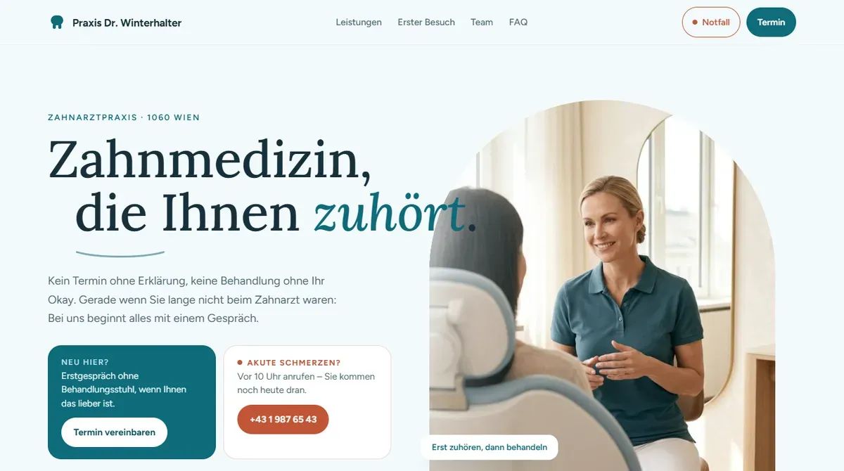 Design-Konzept Praxis Dr. Winterhalter, Zahnmedizin, als Website-Vorschau in Desktop-Ansicht