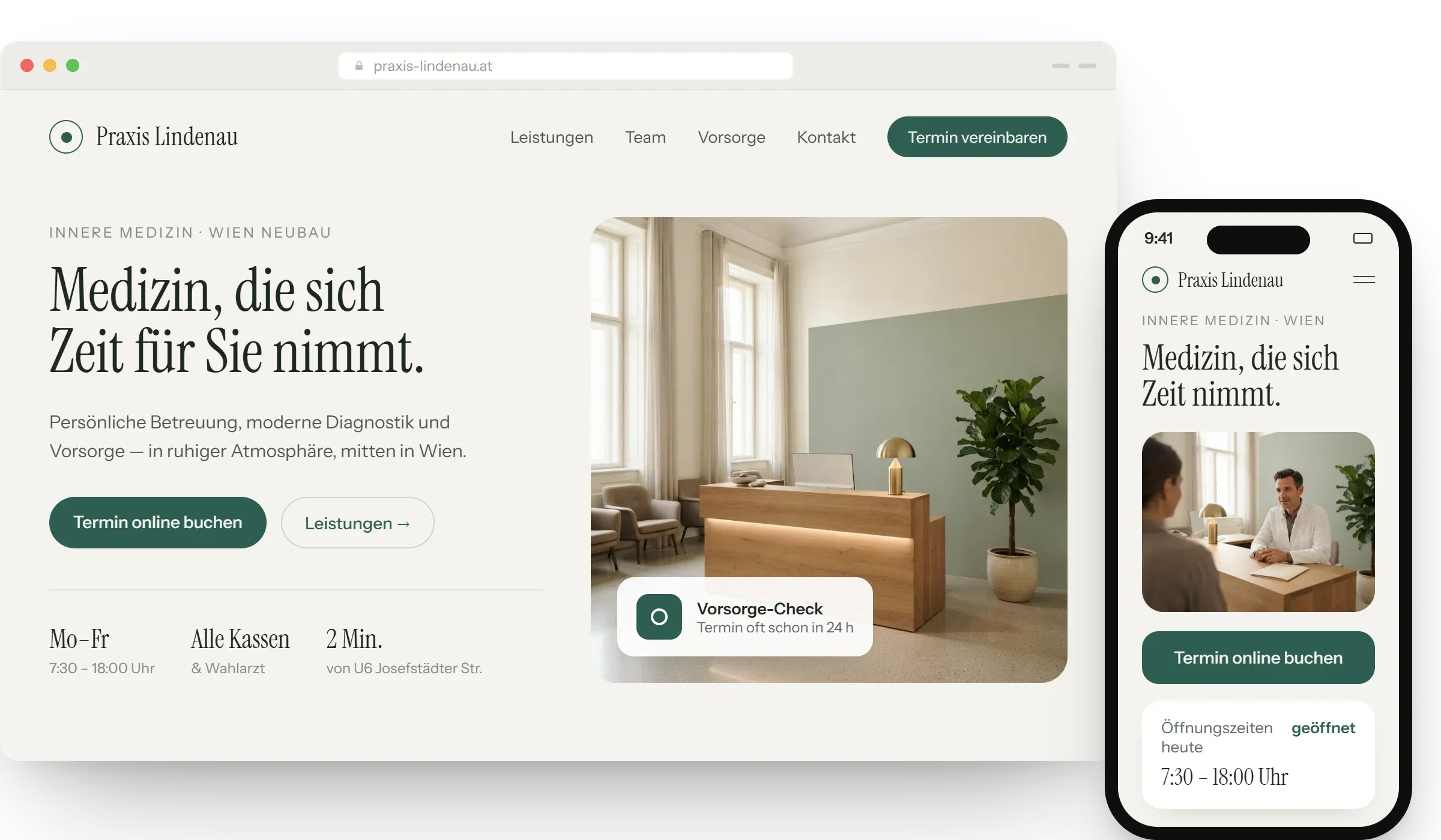 Webdesign-Konzept aus dem Gesundheitsbereich: Website einer Wiener Arztpraxis in Desktop- und Mobilansicht