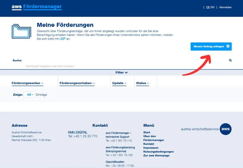 AWS neuen Förderantrag anlegen