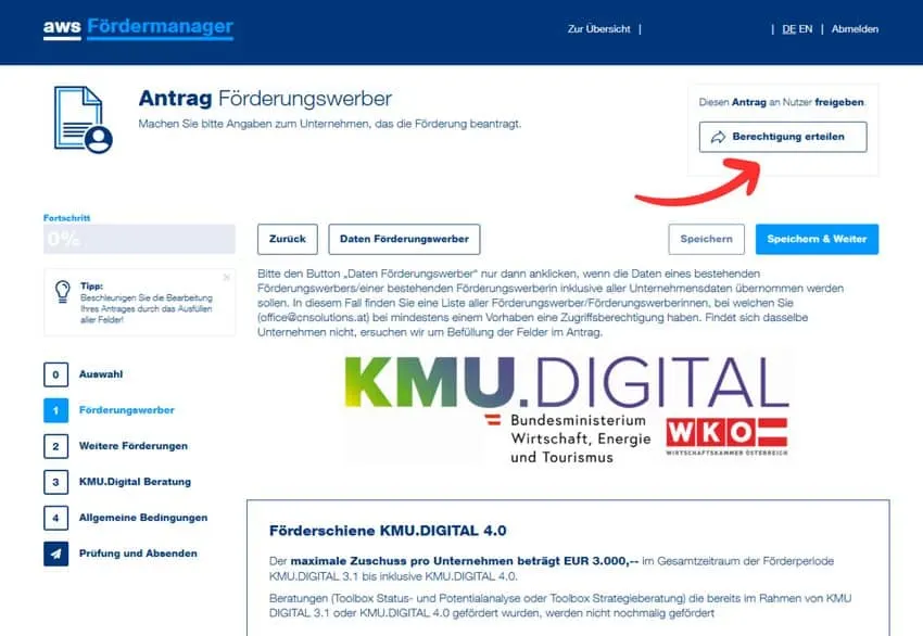 AWS Förderantrag Berechtigung erteilen
