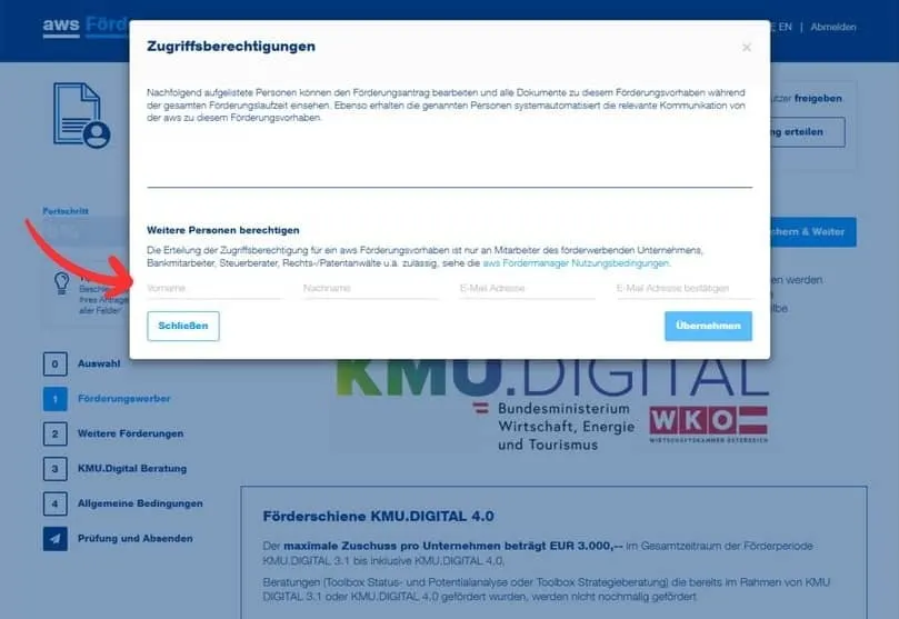 AWS Förderantrag Berechtigung hinterlegen