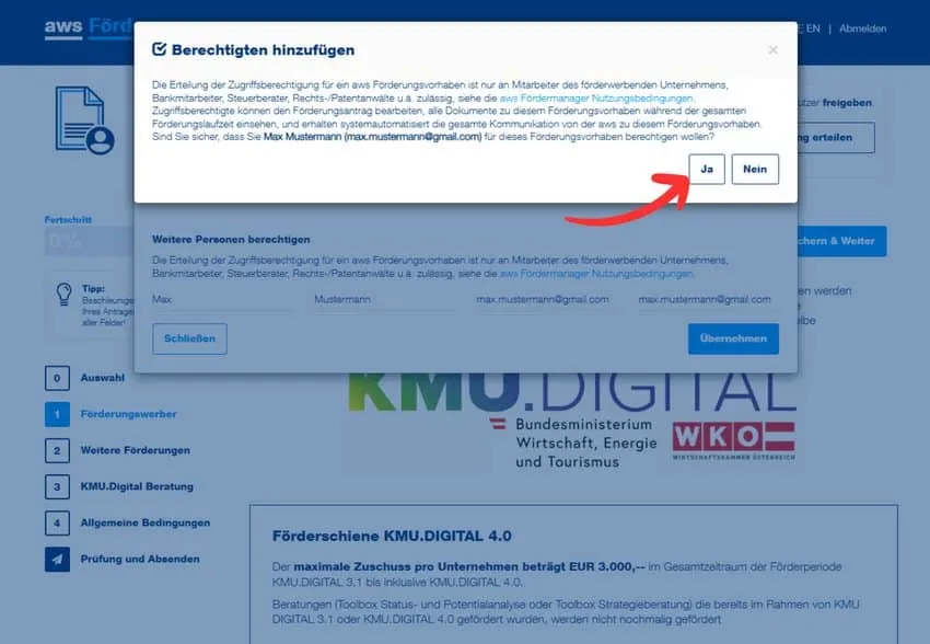 AWS Förderantrag Berechtigung bestätigen
