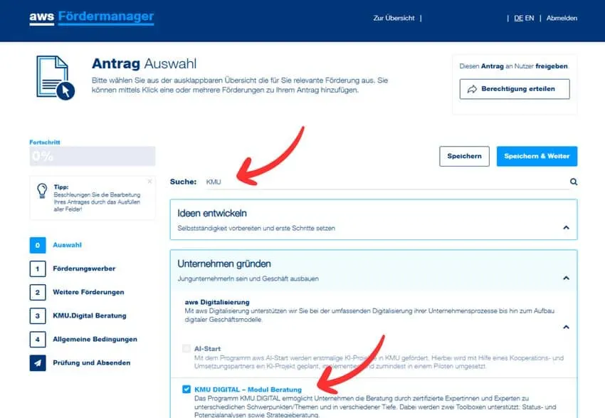 AWS Förderantrag, Modul-Auswahl KMU