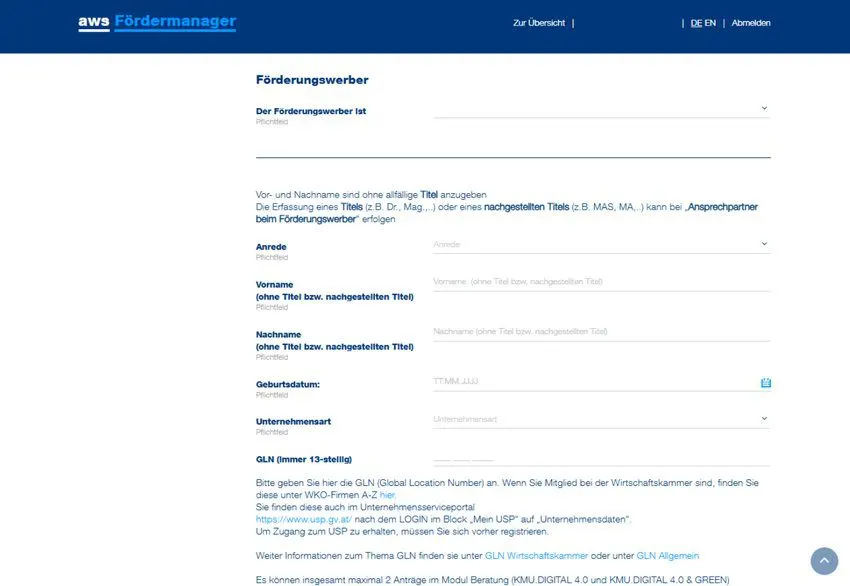 AWS Förderantrag Förderwerber ausfüllen