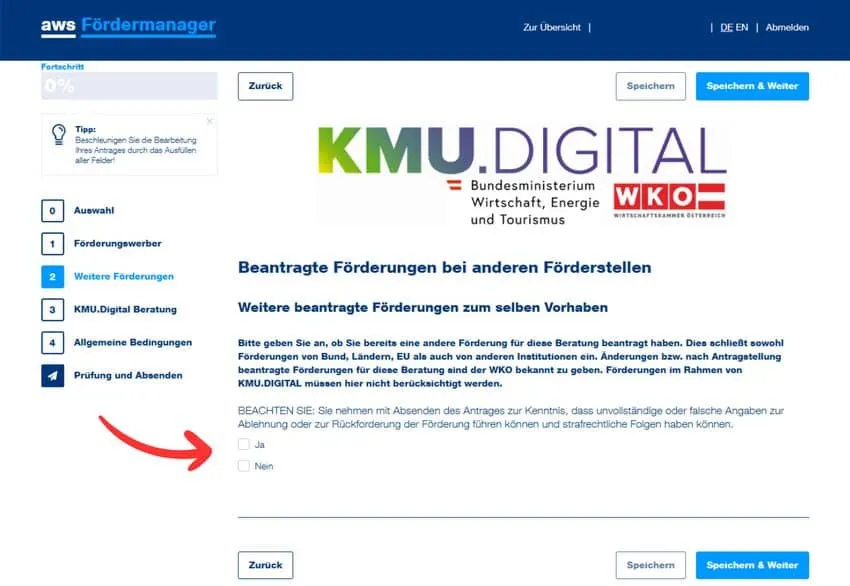 AWS Förderantrag, Beantragte Förderungen