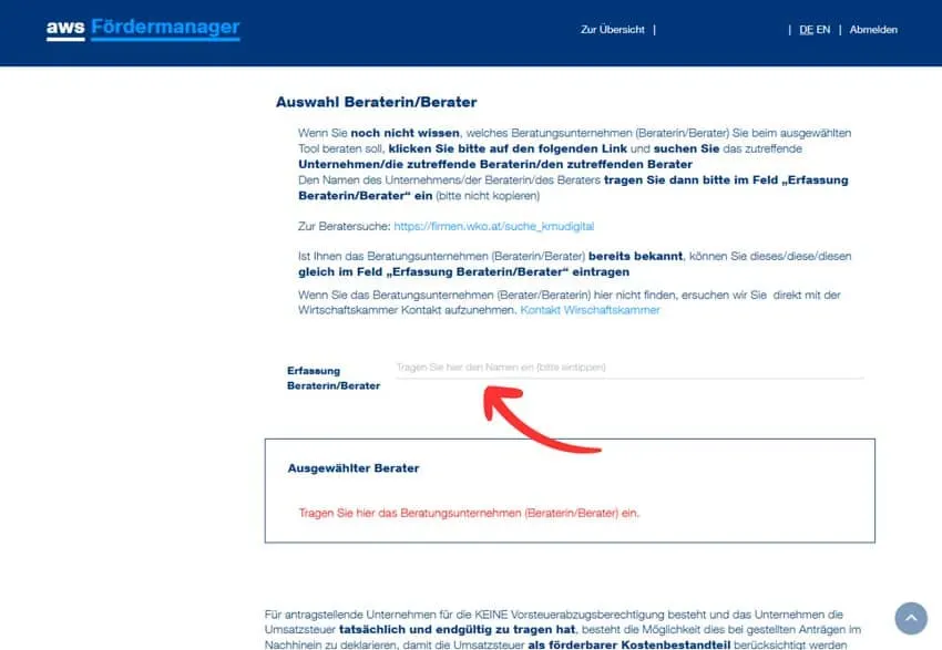 AWS Förderantrag, Beraterauswahl