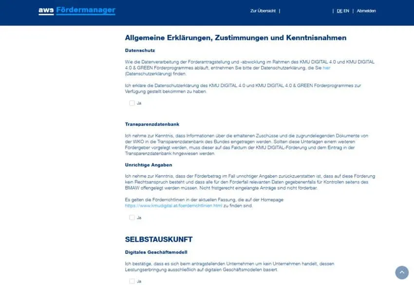 AWS Förderantrag, Allgemeine Erklärungen