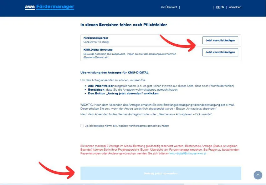 AWS Förderantrag, Antrag abschicken