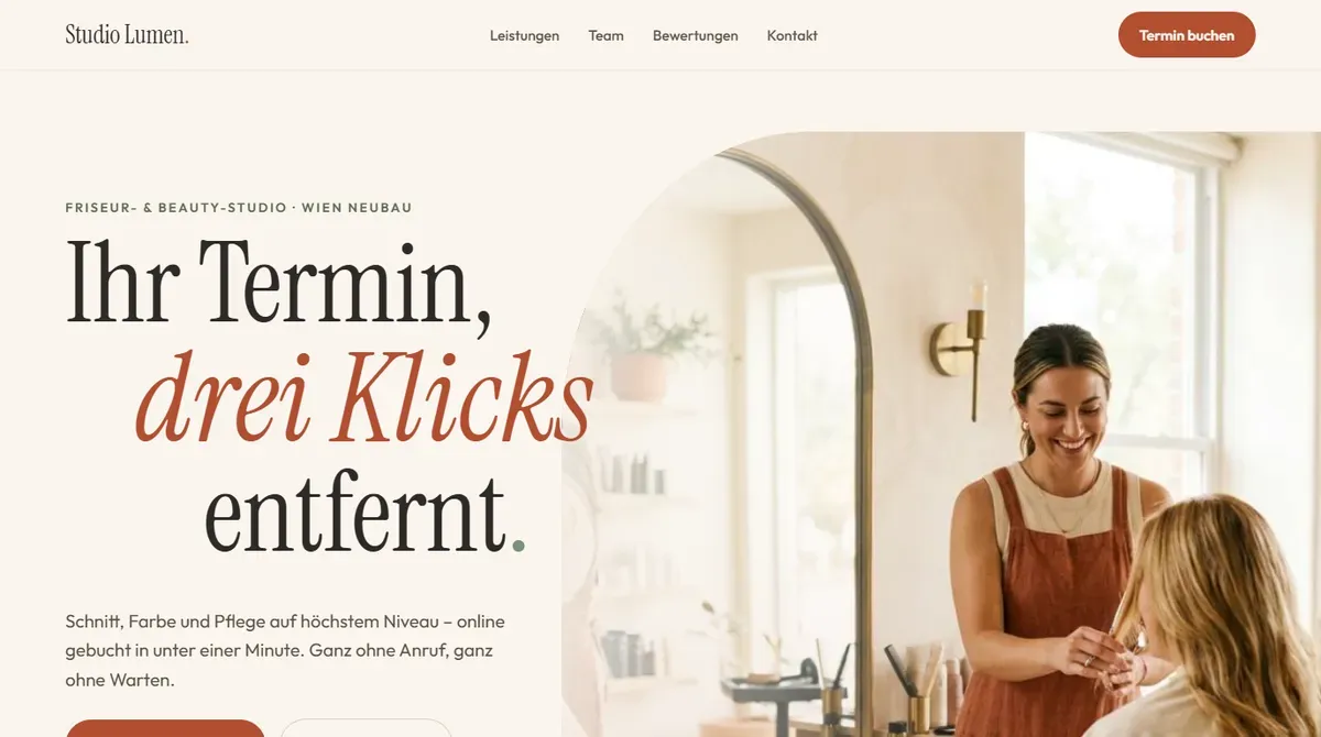 Design-Konzept Studio Lumen, Beauty & Online-Buchung, als Website-Vorschau in Desktop-Ansicht