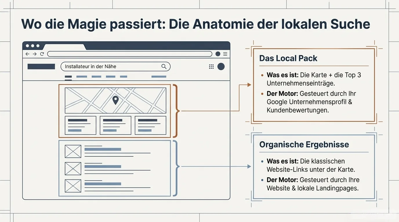Schematischer Aufbau der lokalen Google-Suche mit Map-Pack und lokalen Ergebnissen