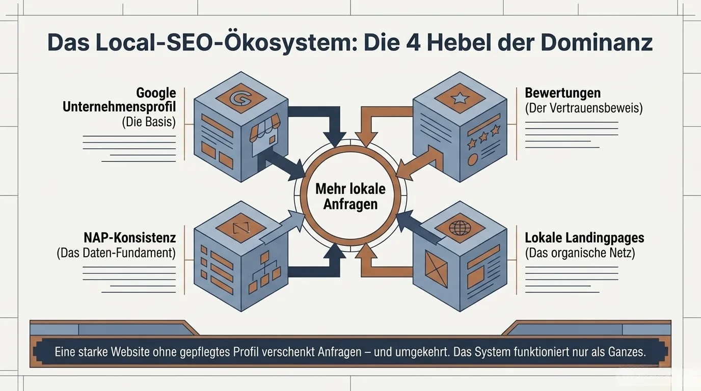 Das Local-SEO-Ökosystem mit den vier Hebeln Unternehmensprofil, Bewertungen, NAP-Konsistenz und lokale Landingpages