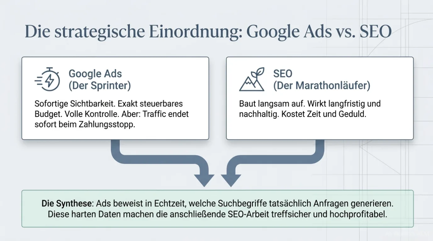 Vergleich von Google Ads und SEO als Wege zu planbaren Anfragen