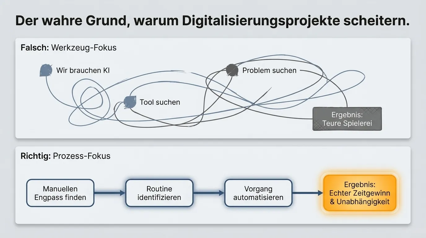 Der wahre Grund, warum Digitalisierungsprojekte in KMU scheitern, nämlich fehlende Prozessklarheit vor der Automatisierung