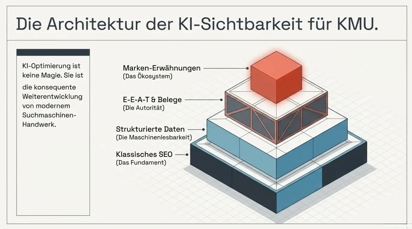Architektur der KI-Sichtbarkeit für KMU mit strukturierten Inhalten, Entitäten und belegbaren Quellen