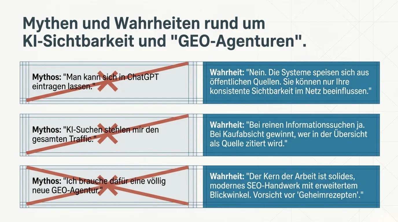 Mythen und Wahrheiten rund um KI-Sichtbarkeit und die Versprechen von GEO-Agenturen
